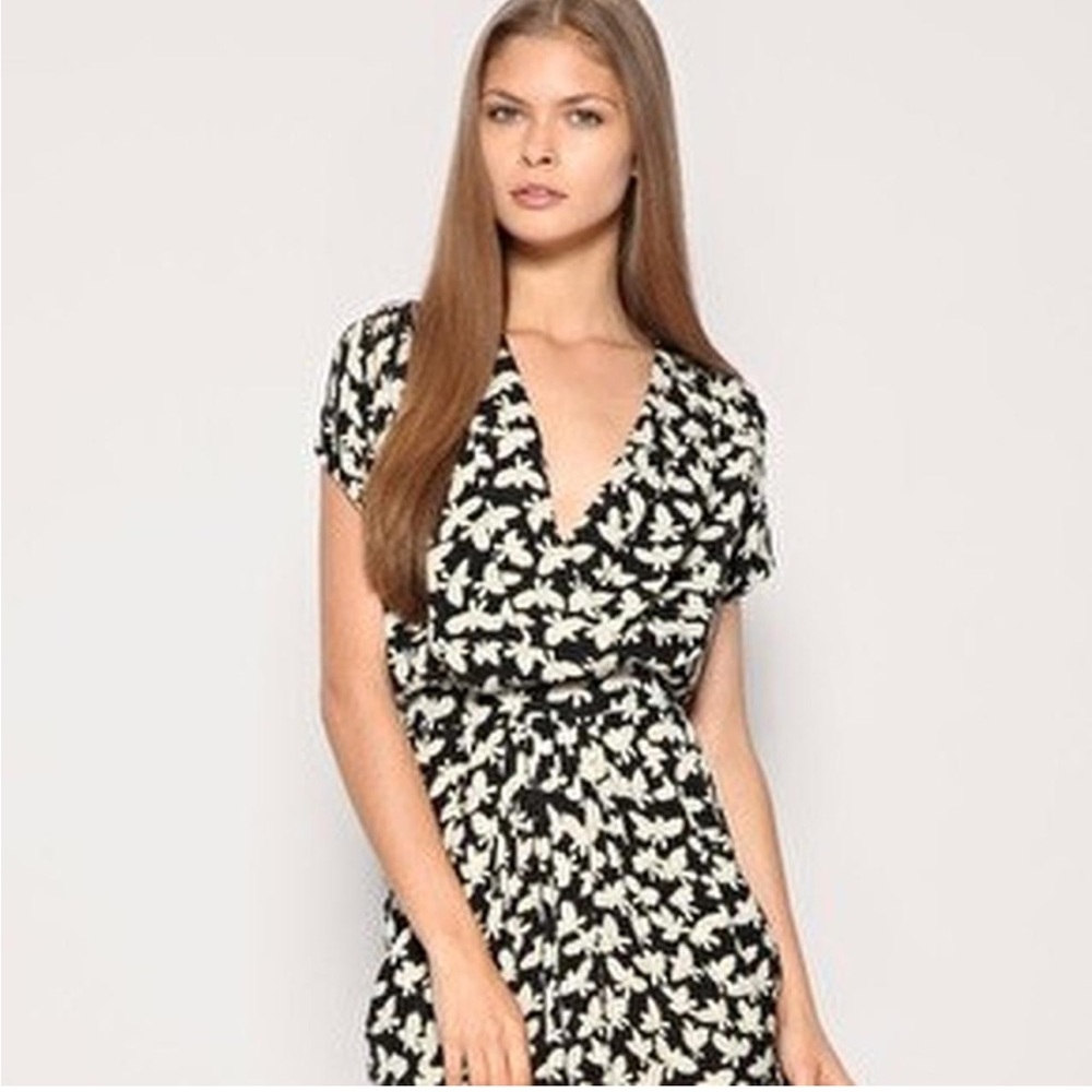 WHISTLES BLACK/WHITE SWALLOW‎ BIRD PRINT MINI DRESS RUCHING CAP SLEEVE POCKETS